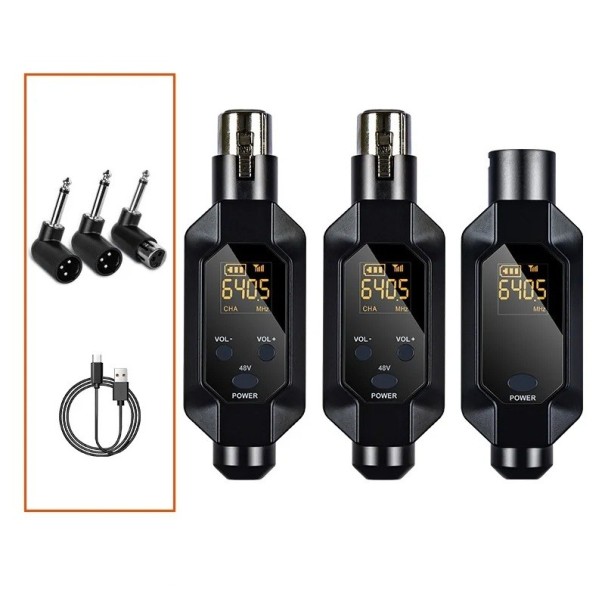 Trådløst transmissionssystem til 2 XLR-mikrofoner. Omskiftning 0V 5V 48V. Rækkevidde 80 m. USB-C. Støjreduktion. Batterilevetid 7 timer. Transmission uden forsinkelse. 1