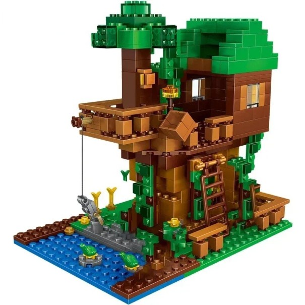 Træhusbyggesæt 9 x 6,5 x 11 cm Inspireret af Minecraft Kreativt legetøj til børn Byggesæt med figurer 4 karakterer 1