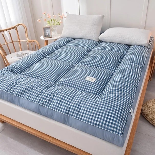 Tragbare Reise-Matratze 90 x 200 x 10 cm, gestepptes Topper mit textilem Bezug, für den Boden, den Boden, zum Campen, für die Hütte und für Gäste blau