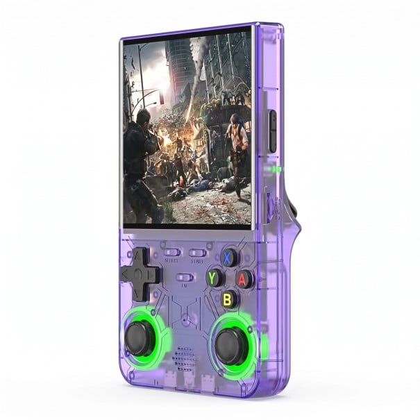 Tragbare Retro-Spielkonsole mit 4-Zoll-IPS-Display und 64 GB Speicher mit Wi-Fi und Open-Source in transparentem lila 1