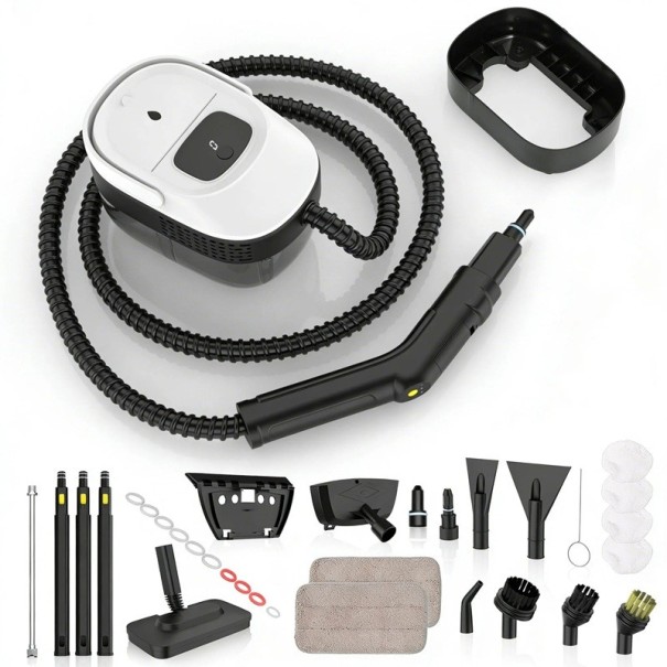 Tragbarer Dampfreiniger 2500 W Wassertank 1600 ml Drei Dampfstufen Schlauch 150 cm Kabel 300 cm Weiß-Schwarz Set mit Aufsätzen für Böden Fenster und Fugen