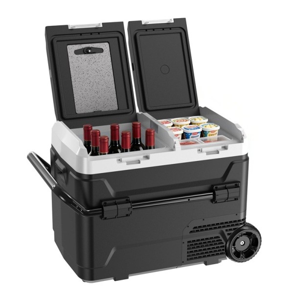 Tragbarer Gefrierschrank mit zwei Zonen 50 l Stromversorgung 12 und 24 V DC sowie 100 bis 240 V AC Polyurethanschaum Räder und Griff Schwarz-Weiß Für Camping