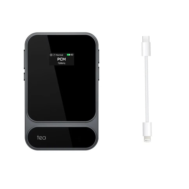 Tragbarer Kopfhörerverstärker mit Bluetooth und USB DAC 32 Bit und 384 kHz PCM sowie DSD 256 Batterie 1160 mAh grau mit Lightning auf C Kabel