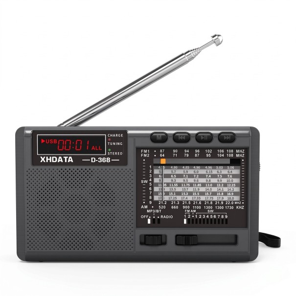 Tragbares Stereo-Radio 8 x 3,5 x 14 cm mit FM-, AM- und SW-Bändern, MP3-Player und Bluetooth sowie wiederaufladbarem Akku über USB in schwarzer Farbe 1