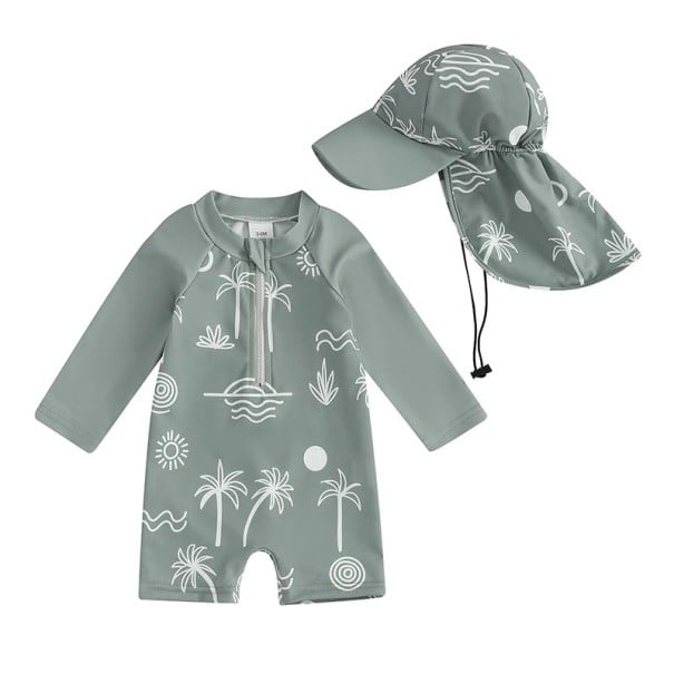 Traje de baño infantil para niño en gris verdoso, de una pieza, con mangas largas y estampado de palmeras, con cremallera y gorra 3