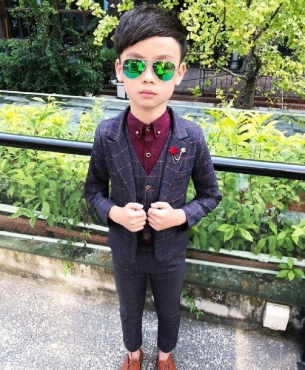 Traje de cuadros para niño B1380 gris oscuro 8