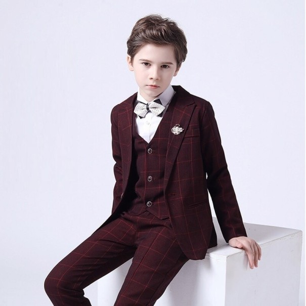 Traje de cuadros para niño con chaleco B1310 burdeos 10 A