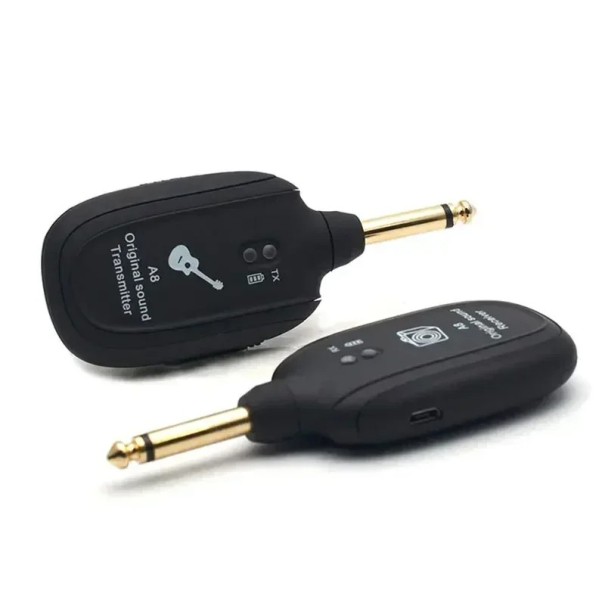 Transmisor y receptor inalámbrico A8 para guitarra eléctrica, color negro, para transmisión de audio inalámbrica, fácil conexión, accesorios para guitarra. 1