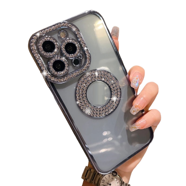 Transparant hoesje met diamanten voor iPhone 15 grijs