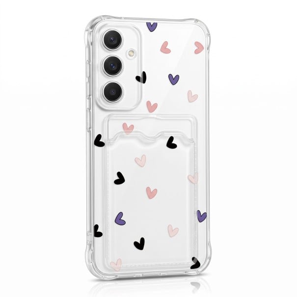 Transparante hoes met kaartsleuf voor Samsung Galaxy A17 5G Paarse en zwarte en roze hartjes Duurzaam Versterkte hoeken Randen rond de lenzen 1