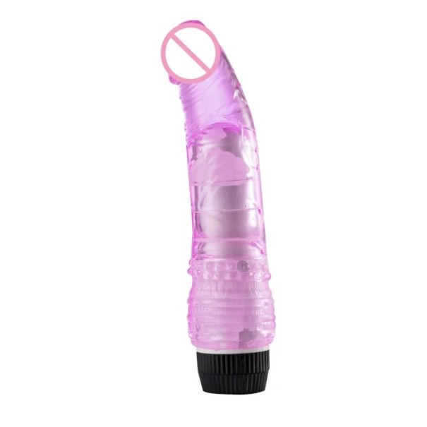 Transparante TPE vibrator 19x4,5 cm met realistische vorm en sterke trillingen, op batterijen, discrete verpakking paars