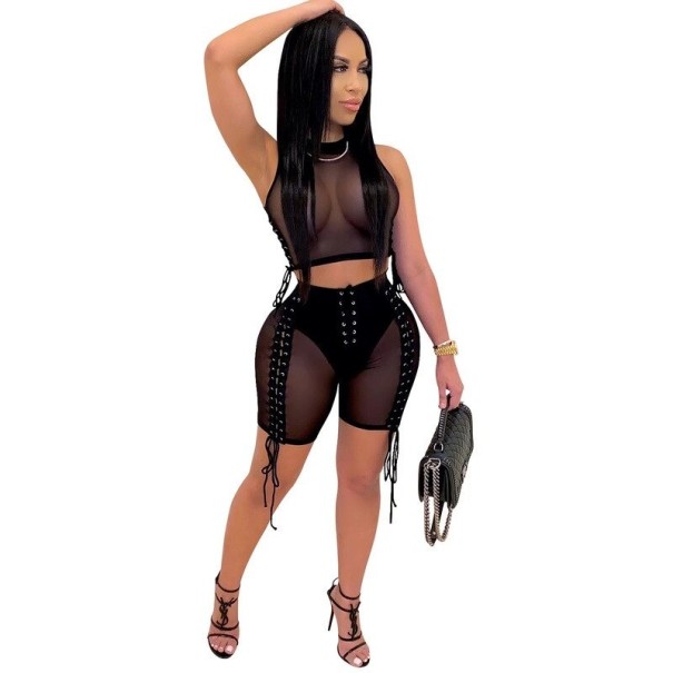 Transparent crop top og shorts til kvinder sort XS