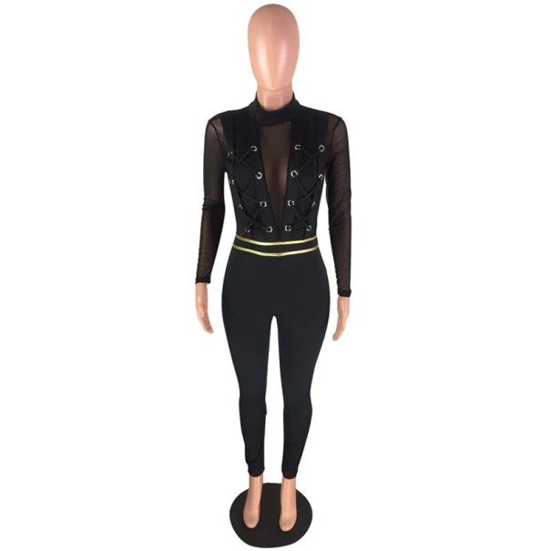 Transparent damejumpsuit med dyb halsudskæring L