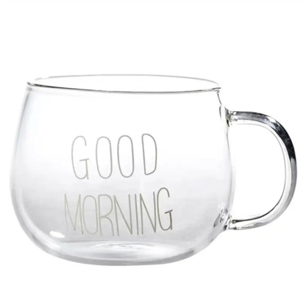 Transparent glaskrus med påskriften Godmorgen 350 ml Krus med hank 7 x 8,5 cm Glaskrus til kaffe, te, kakao og morgenmadssmoothies hvid