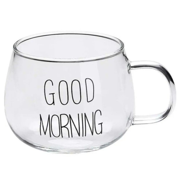 Transparent glasmugg med inskriptionen Good morning 350 ml Mugg med handtag 7 x 8,5 cm Glaskopp för kaffe, te, kakao och frukostsmoothies svart
