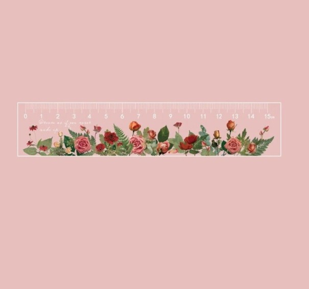 Transparent lineal med blomsterprint, 15 cm lang. Blomsterprintet gennemsigtig lineal. Lige lineal med blomstermotiv. 2