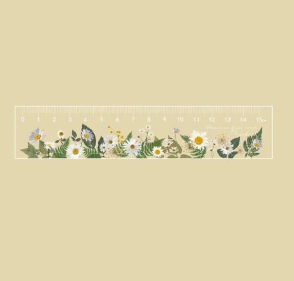 Transparent linjal med blomtryck, 15 cm lång. Blommig transparent linjal. Rak linjal med blommotiv. 3