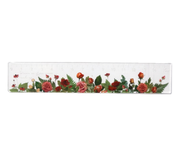 Transparent linjal med blomtryck, 15 cm lång. Blommig transparent linjal. Rak linjal med blommotiv.