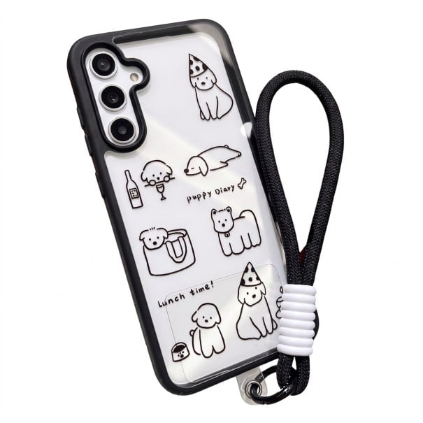 Transparent skal med handledsrem för Samsung Galaxy A05 Hållbar Design med tecknade hundar Svarta kanter Kameraskydd Mobilskal med hundar 1