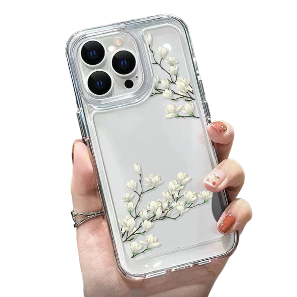Transparent skyddsfodral för iPhone 15, vita blommande grenar 1