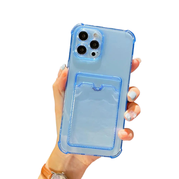 Transparente Hülle mit Kartenfach für iPhone 15 Plus blau