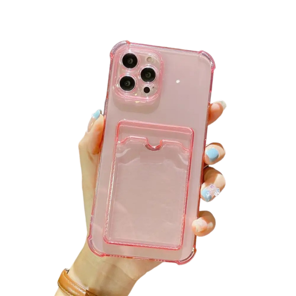 Transparente Hülle mit Kartenfach für iPhone 15 rosa