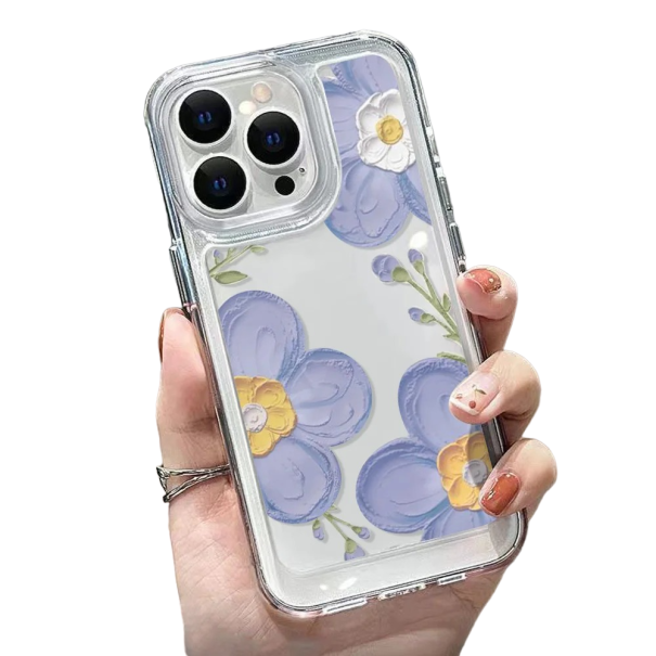 Transparente Schutzhülle für iPhone 15, blaue Blumen 1