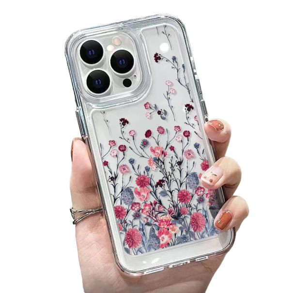 Transparente Schutzhülle für iPhone 15 Plus, rosa Blumen 1