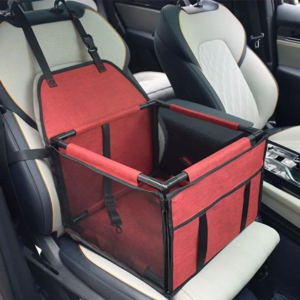 Transportowy box dla psów i kotów do samochodu 39 x 39 x 28 cm Fotelik bezpieczeństwa z pasami Solidna konstrukcja Siatkowe ściany czerwony