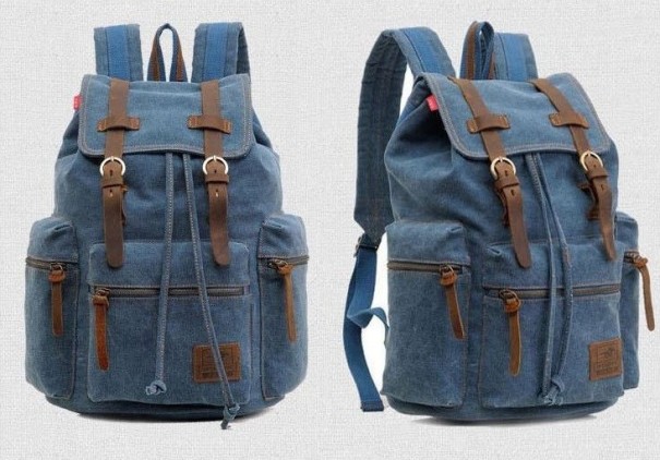 Travel Canvas Backpack with Leather J3087 blue