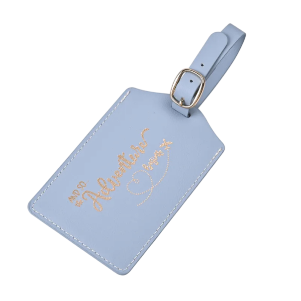 Travel Luggage Tag with Adventure Inscription PU Leather Identification Label for Luggage with Strap for Marking Suitcases and Travel Bags blue