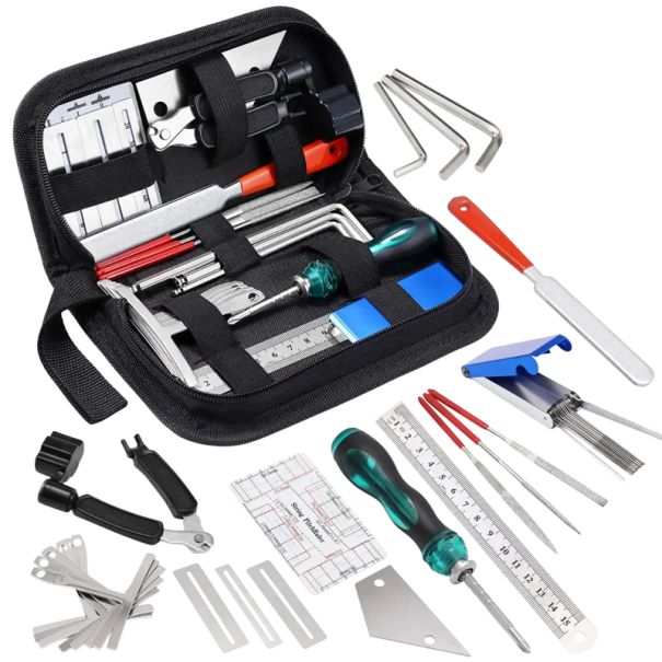 Travel Set of 25 Guitar Repair Tools in a Carry Bag Complete Service Kit for Acoustic and Electric Guitars Maintenance and Tuning 1