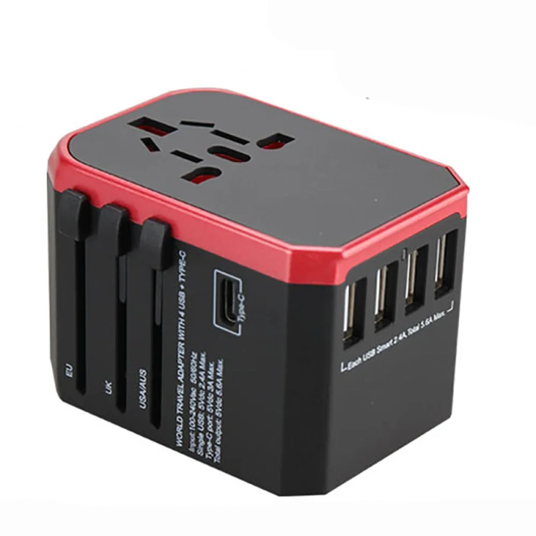Travel Smart Plug Adapter with USB, USB-C and AC EU UK US AU Universal Mains Charger for International Use red
