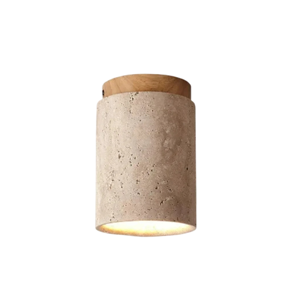 Travertínové LED stropné svietidlo 16x11 cm kameň a drevo teplá biela valcové osvetlenie do interiéru, chodby a spálne svetlo hnedá