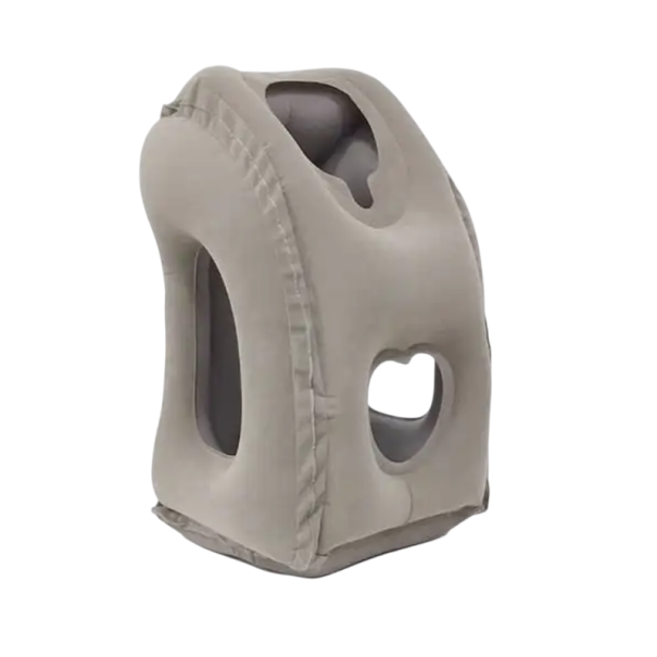 Travesseiro de viagem inflável 30 x 35 x 55 cm em PVC Travesseiro ergonómico para avião, carro e comboio Apoio para o pescoço e costas Design dobrável cinzento