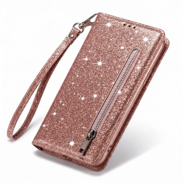 Trblietavé flipové puzdro pre Samsung Galaxy S24 Ultra Kapsa na zips a priehradka na karty Pútko na ruku PU koža Knížkový obal na mobil rose gold