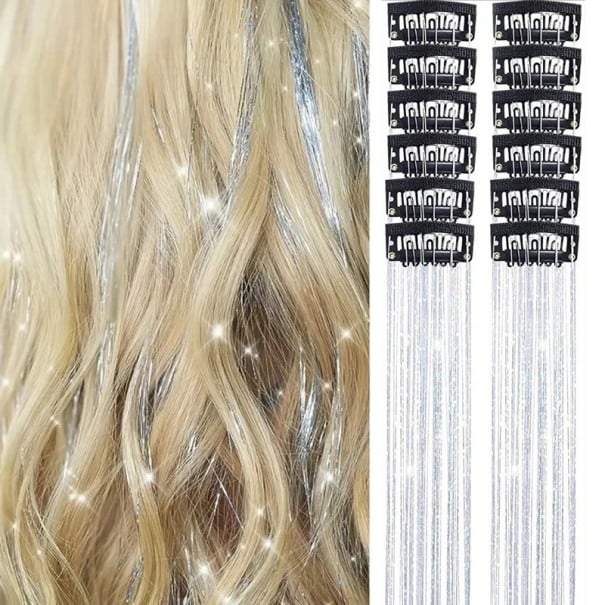 Trblietavé pramene do vlasov na sponkách 50 cm, sada 12 ks, clip-in tinsel pre zdobenie účesu, lesklý vlasový doplnok pre dámy strieborná