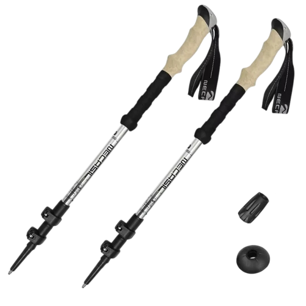 Trekingové hole 2 ks Třídílné teleskopické Nastavení délky 110 až 135 cm Složené 62 cm Hliník a korek Na turistiku i nordic walking stříbrná
