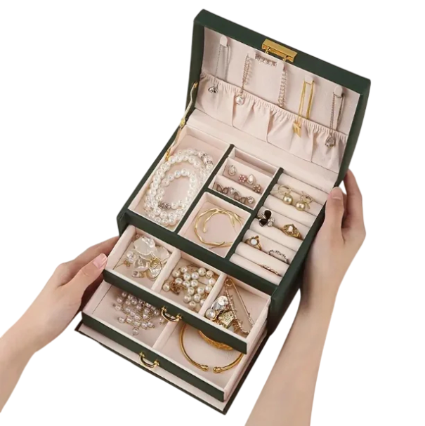 Trepalls smyckeskrin med lådor och organiserare för ringar, örhängen och halsband 17,5 × 13,5 × 12,5 cm i konstläder färgad svart