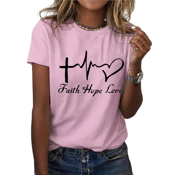 Tričko s potiskem Faith Hope Love Kříž EKG a srdce Bavlněné tričko s krátkým rukávem Ležérní motiv víry a lásky do každodenního outfitu růžová S