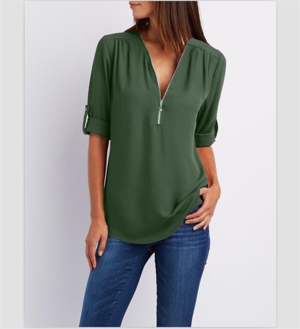 Tricou cu fermoar pentru femei verde armată L