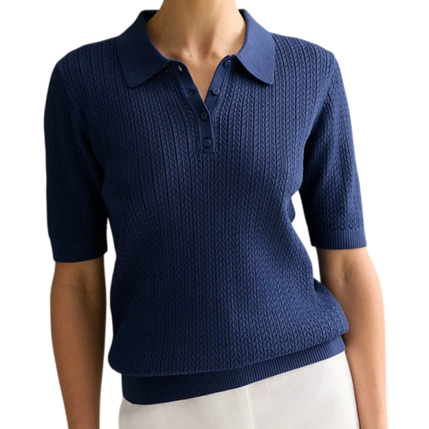 Tricou cu guler pentru femei Model elegant croșetat Mânecă scurtă Material tricotat respirabil Top ușor Design aerisit pentru vară albastru inchis S