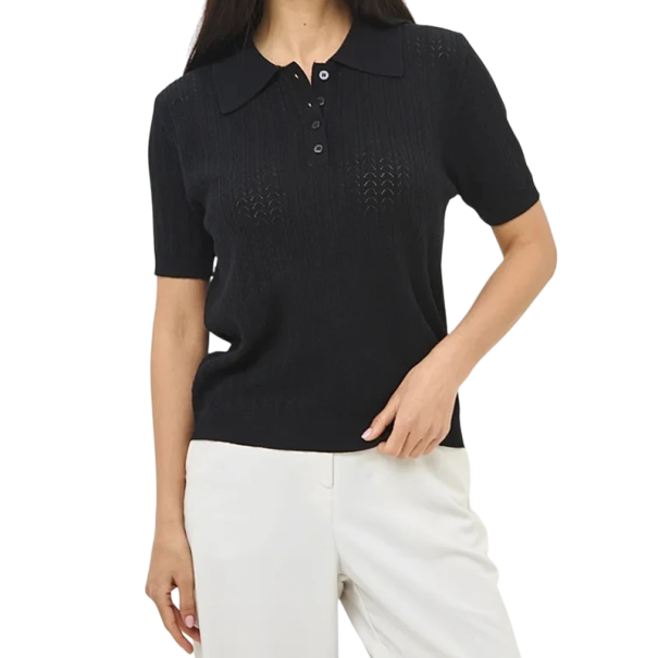 Tricou cu guler pentru femei Model elegant croșetat Mânecă scurtă Material tricotat respirabil Top ușor Design aerisit pentru vară negru M