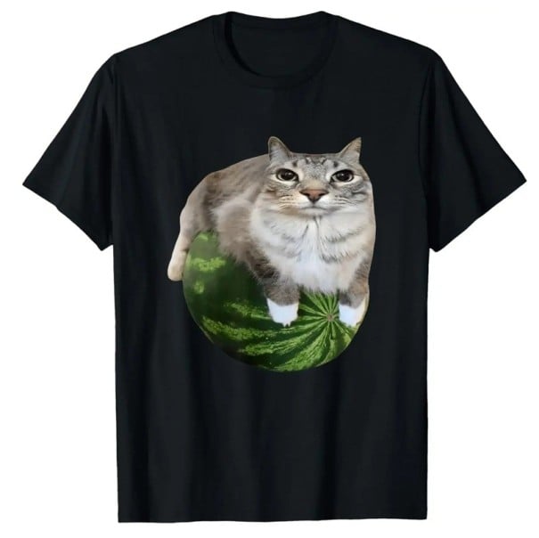 Tricou cu imprimeu cu o pisică întinsă pe un pepene verde. Motiv amuzant cu animale. Design 3D realist. Stil casual. Cadou original pentru iubitorii de pisici. negru M
