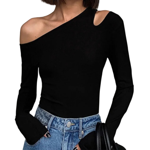 Tricou cu mânecă lungă pentru femei Croială asimetrică cu umeri expuși Top elegant cu talie Tricou la modă pentru ținute de seară și de zi negru S