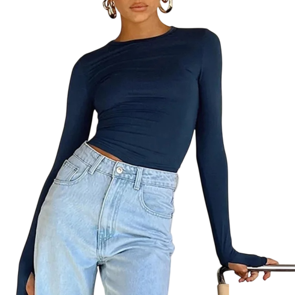 Tricou cu mânecă lungă pentru femei, talie elastică, top, la modă, casual, elegant, pentru ținute de zi cu zi albastru M