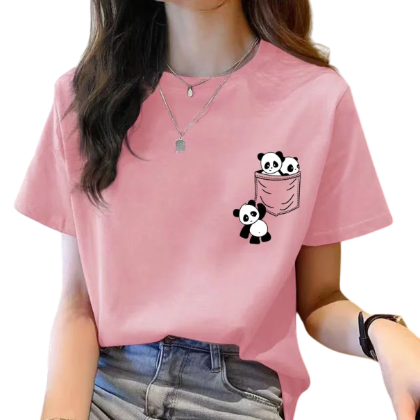 Tricou cu mânecă scurtă pentru femei, cu imprimeu drăguț cu panda în buzunar, tricou casual confortabil, cu decolteu rotund, motiv original pentru iubitorii de animale roz L