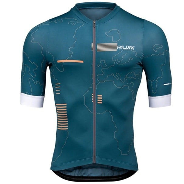 Tricou de ciclism pentru bărbați cu mânecă scurtă și fermoar, 3 buzunare dorsale, cu motivul hărții lumii, pentru ciclism, sport și alte activități turcoaz S