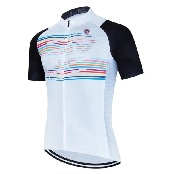 Tricou de ciclism pentru bărbați cu mânecă scurtă și fermoar, cu dungi colorate, 3 buzunare posteriori pentru ciclism, sport și activități alb XL