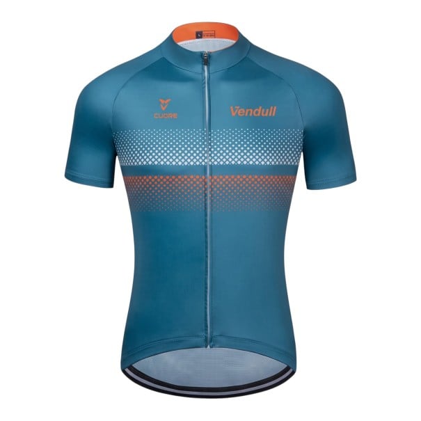 Tricou de ciclism pentru bărbați cu mânecă scurtă și fermoar pe toată lungimea cu un model pătrățos alb și portocaliu pe piept în culoare albastră XS